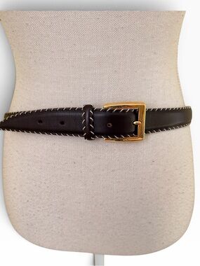 Tanner Brown Leather Belt with Whipstitch Detail and Gold-Tone Buckle L NEW?